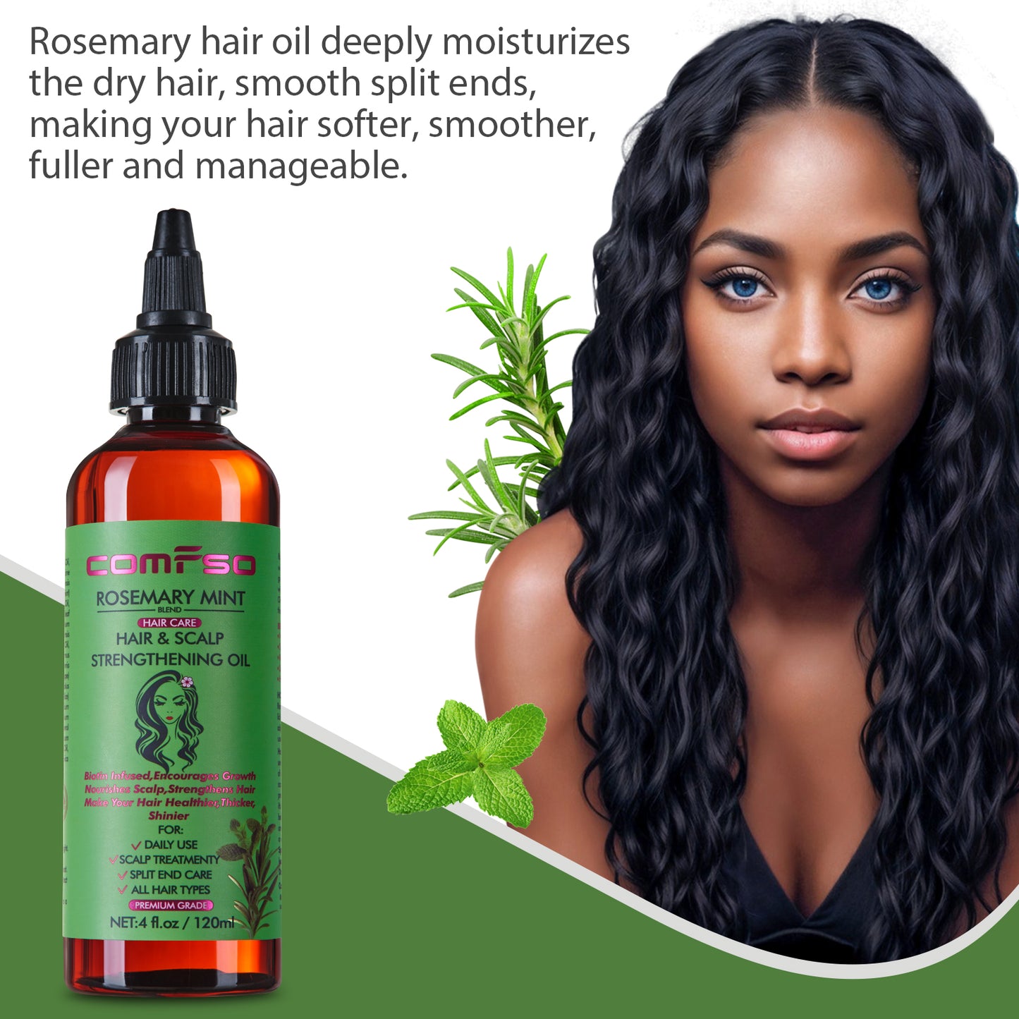 comfso Rosemary Oil for Hair Growth, Rosemary Mint Hair Oil Treatment For Dry Damaged,Split End, Scalp Hair Strenghtening Oil With Biotin, Castor Oil, 4 Fl Oz