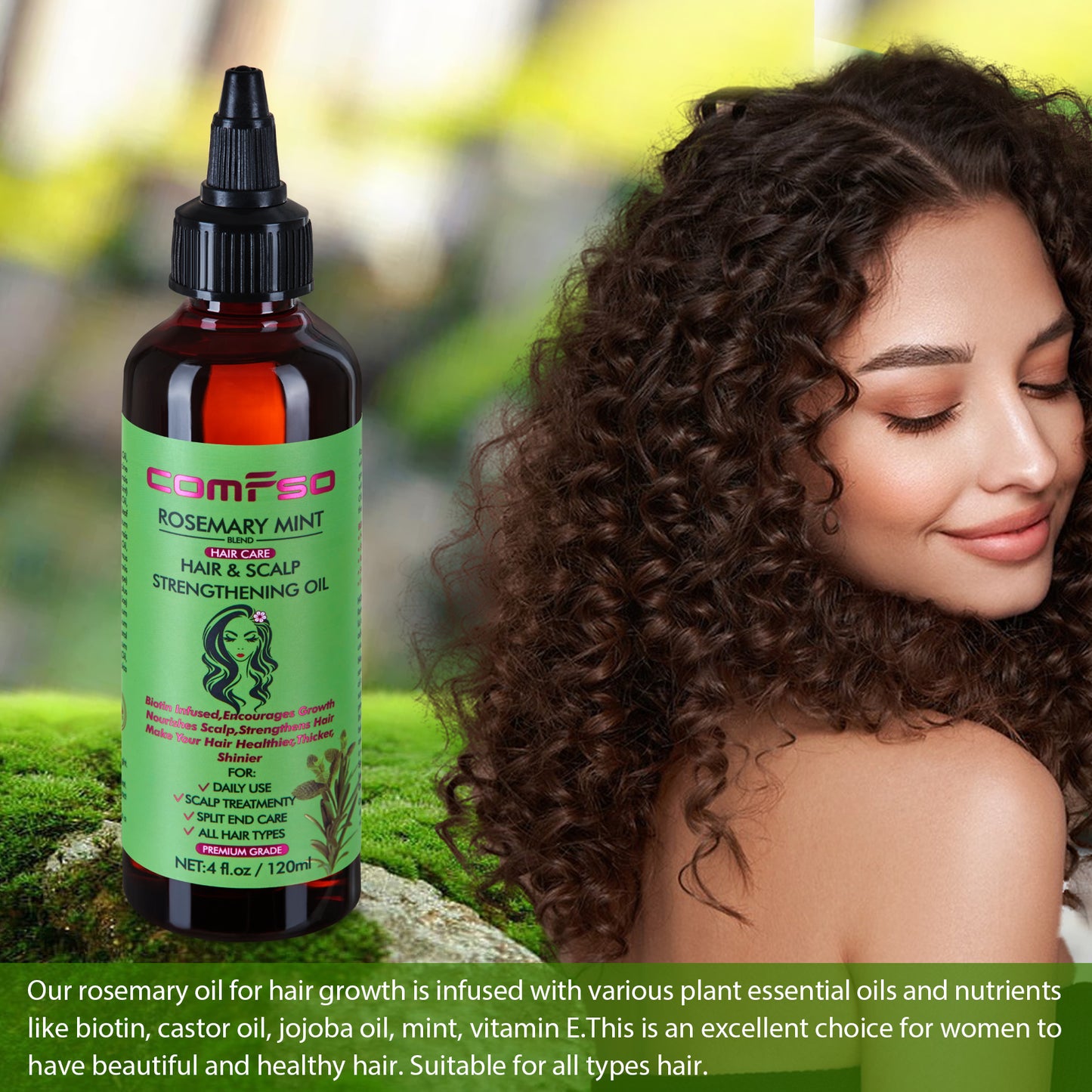 comfso Rosemary Oil for Hair Growth, Rosemary Mint Hair Oil Treatment For Dry Damaged,Split End, Scalp Hair Strenghtening Oil With Biotin, Castor Oil, 4 Fl Oz