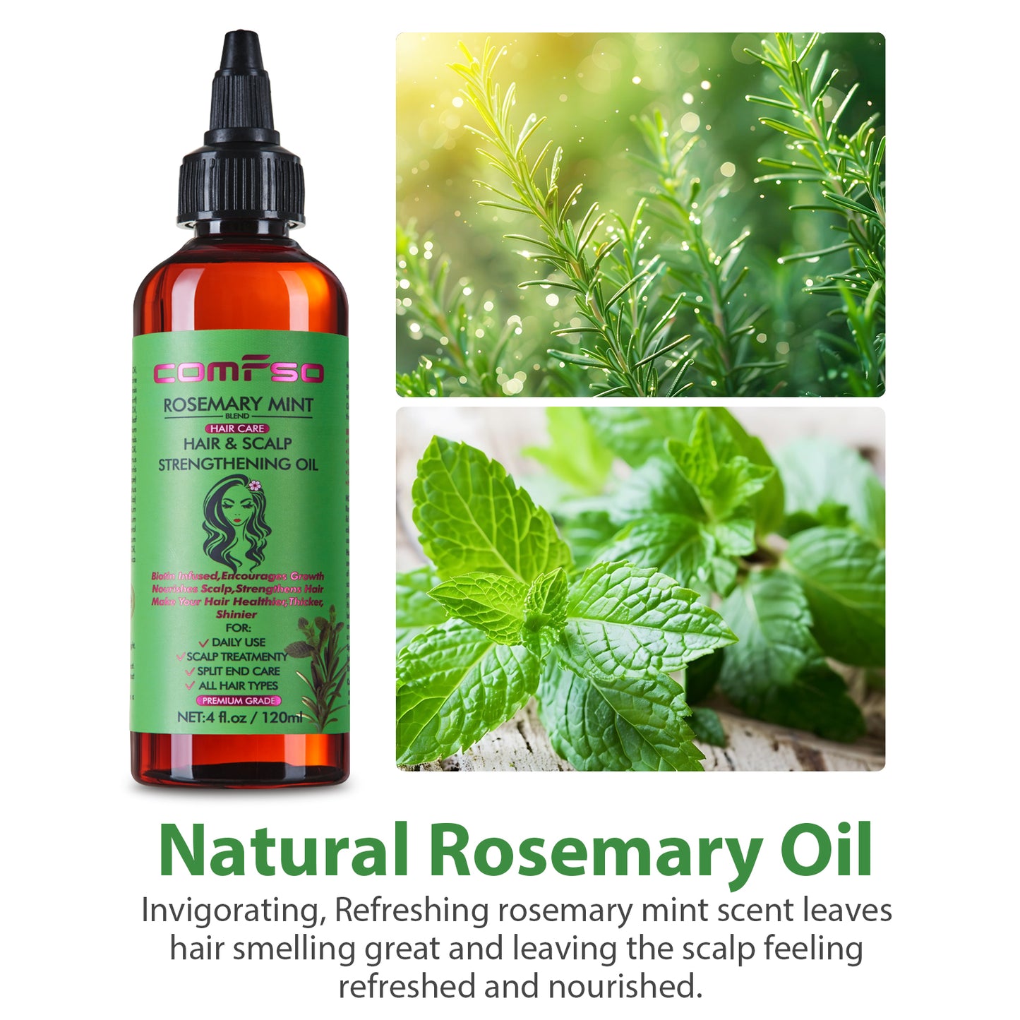 comfso Rosemary Oil for Hair Growth, Rosemary Mint Hair Oil Treatment For Dry Damaged,Split End, Scalp Hair Strenghtening Oil With Biotin, Castor Oil, 4 Fl Oz